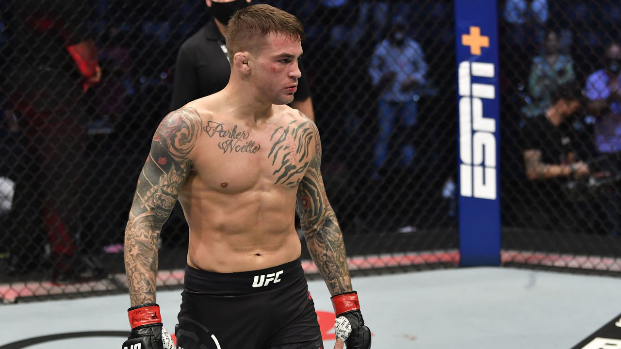ABU DHABI, UNITED ARAB EMIRATES - JANUARY 23: Dustin Poirier reacts after his knockout victory over Conor McGregor of Ireland in a lightweight fight during the UFC 257 event inside Etihad Arena on UFC Fight Island on January 23, 2021 in Abu Dhabi, United Arab Emirates.
