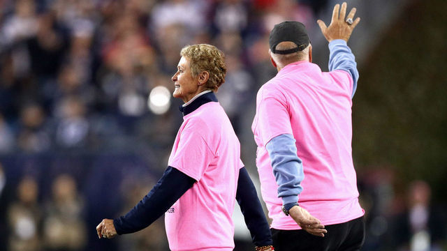 FOXBORO, MA - OCTOBER 22: Galynn Brady and Tom Brady Sr., parents of Tom Brady #12 of the New England Patriots, are introduced during a cancer awareness pre-game ceremony before a game against the Atlanta Falcons at Gillette Stadium on October 22, 2017 in Foxboro, Massachusetts.