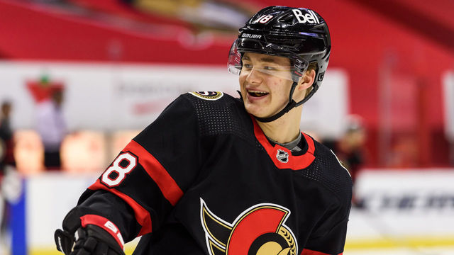 OTTAWA, ON - JANUARY 16: Ottawa Senators Left Wing Tim Stuetzle (18) during the pre-game warm up before the NHL game between the Ottawa Senators and the Toronto Maple Leafs on January 16, 2021 at the Canadian Tire Centre in Ottawa, Ontario, Canada.