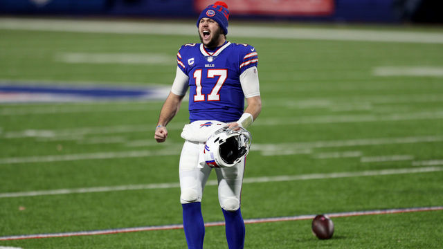 ORCHARD PARK, NEW YORK - JANUARY 16: Josh Allen #17 of the Buffalo Bills celebrates after defeating the Baltimore Ravens 17-3 in an AFC Divisional Playoff game at Bills Stadium on January 16, 2021 in Orchard Park, New York.