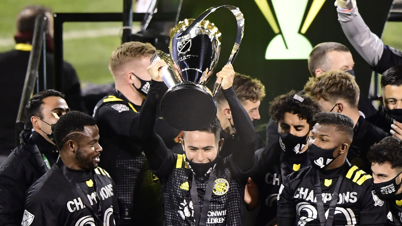 COLUMBUS, OHIO - DECEMBER 12: Lucas Zelarayan #10 of Columbus Crew celebrates with the MLS Cup after a 3-0 win over the Seattle Sounders during the MLS Cup Final at MAPFRE Stadium on December 12, 2020 in Columbus, Ohio.