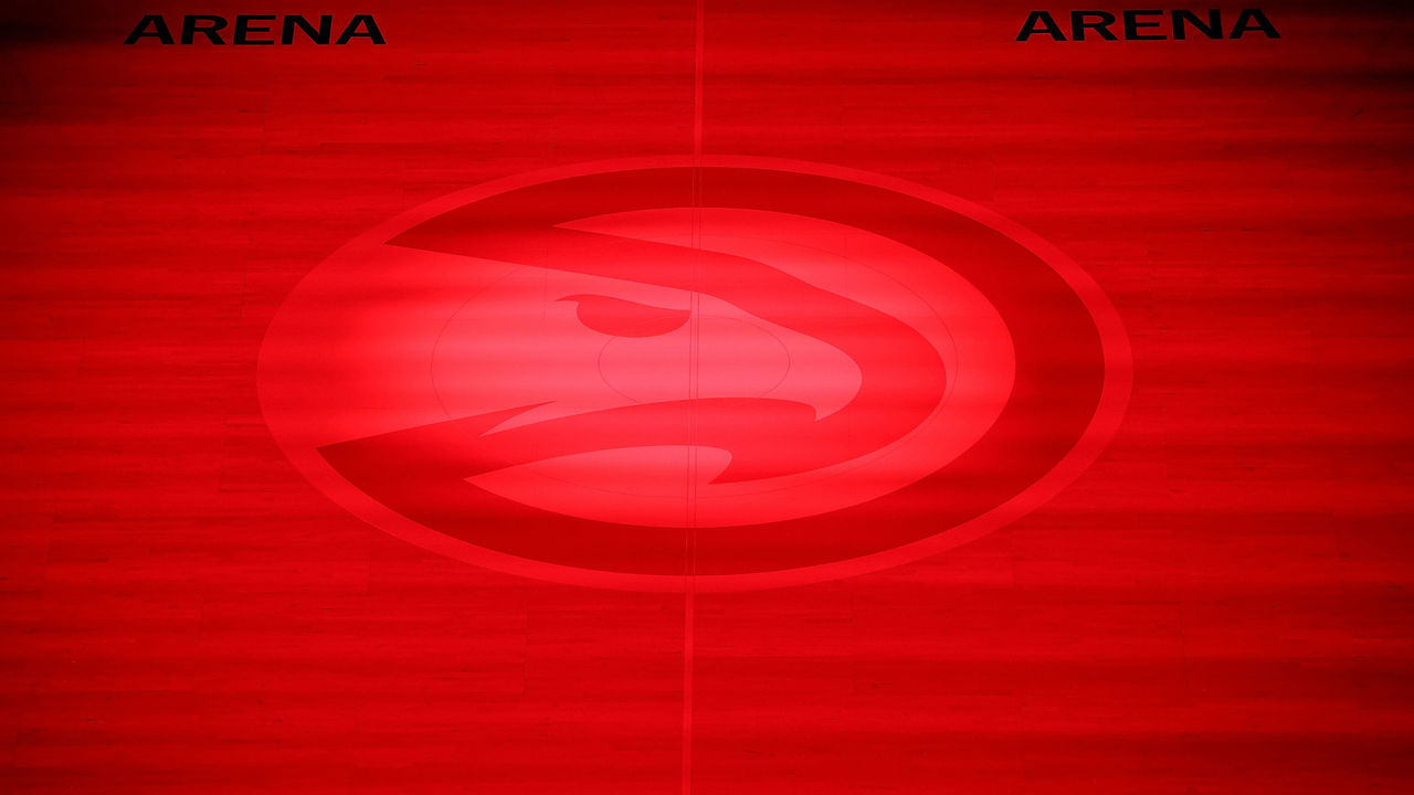 ATLANTA, GEORGIA - JANUARY 06: A view of the logo at center court prior to the game between the Atlanta Hawks and the Charlotte Hornets at State Farm Arena on January 06, 2021 in Atlanta, Georgia.