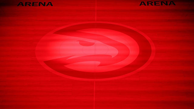 ATLANTA, GEORGIA - JANUARY 06: A view of the logo at center court prior to the game between the Atlanta Hawks and the Charlotte Hornets at State Farm Arena on January 06, 2021 in Atlanta, Georgia.