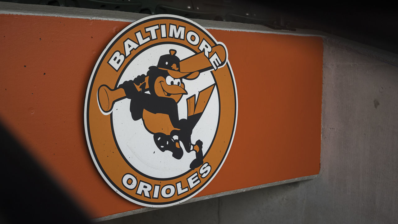 BALTIMORE, MD - AUGUST 23: A general view of a Baltimore Orioles logo in the stadium before the game between the Baltimore Orioles and the Boston Red Sox at Oriole Park at Camden Yards on August 23, 2020 in Baltimore, Maryland.