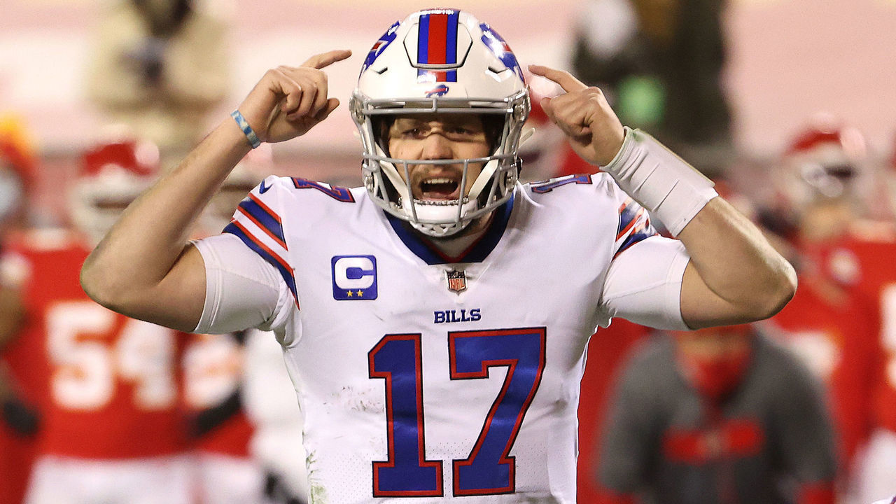 KANSAS CITY, MISSOURI - JANUARY 24: Josh Allen #17 of the Buffalo Bills gestures in the first half against the Kansas City Chiefs during the AFC Championship game at Arrowhead Stadium on January 24, 2021 in Kansas City, Missouri.