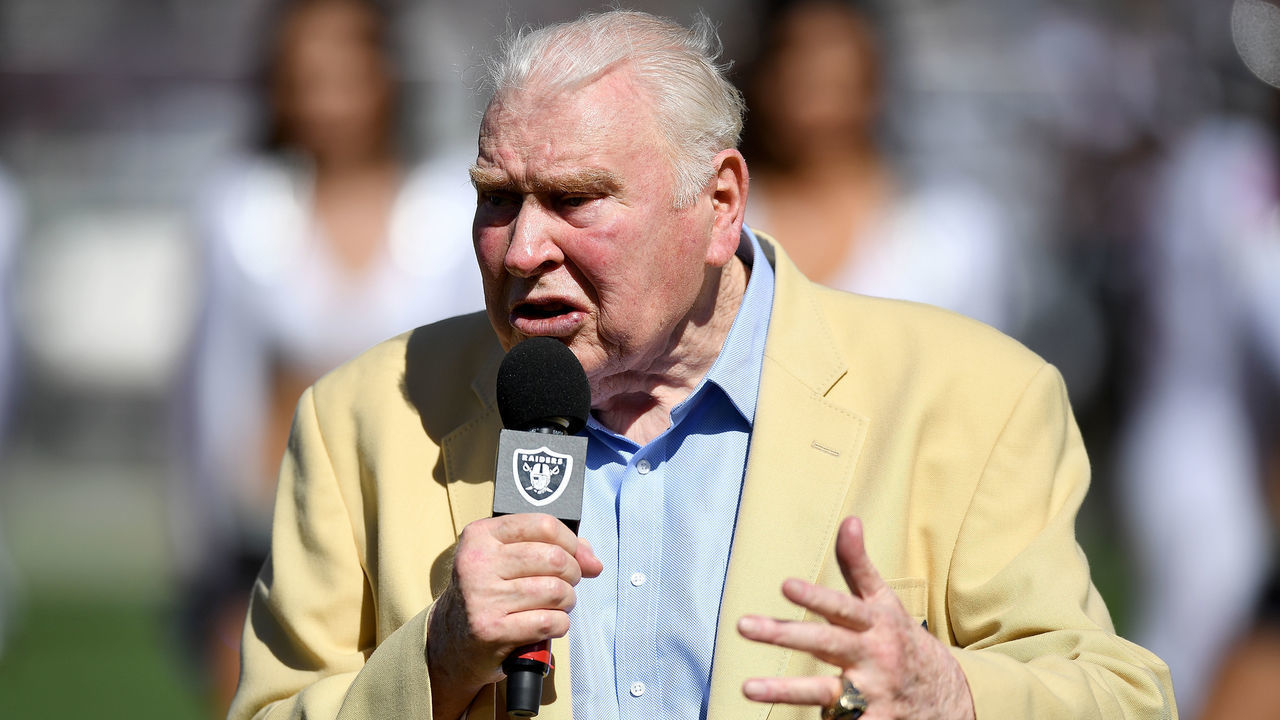 OAKLAND, CA - SEPTEMBER 18: Former Oakland Raiders head coach John Madden wearing his Hall of Fame Jacket speaks to the fans during the un vailing of the Hall of Fame busts for former Raider and teammate Ken Stabler at halftime of an NFL game between the Atlanta Falcons and Oakland Raiders at the Oakland-Alameda County Coliseum on September 18, 2016 in Oakland, California.