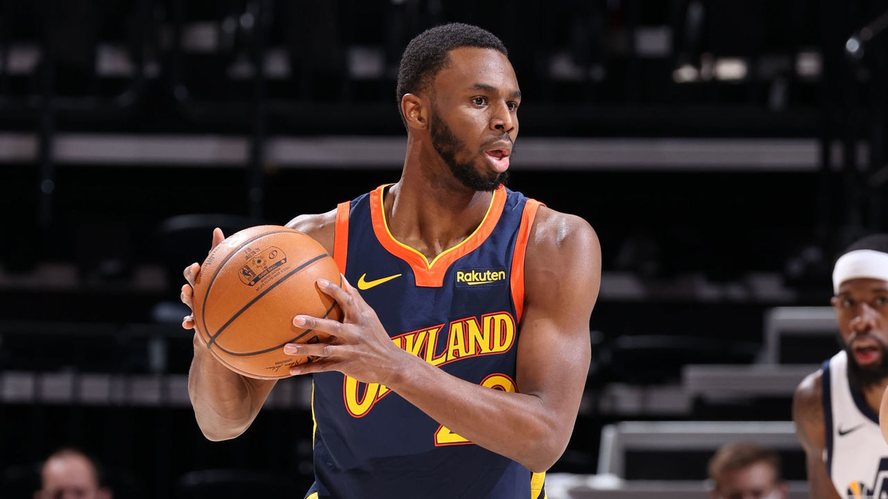 SALT LAKE CITY, UT - JANUARY 23: Andrew Wiggins #22 of the Golden State Warriors handles the ball during the game against the Utah Jazz on January 23, 2021 at vivint.SmartHome Arena in Salt Lake City, Utah. Mandatory Copyright Notice: Copyright 2021 NBAE