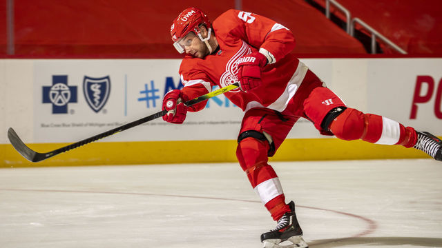 DETROIT, MI - JANUARY 16: Bobby Ryan #54 of the Detroit Red Wings takes a shot during pre-game warm-ups before an NHL game against the Carolina Hurricanes at Little Caesars Arena on January 16, 2021 in Detroit, Michigan.