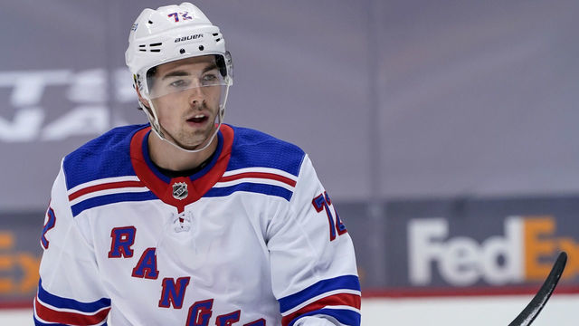 PITTSBURGH, PA - JANUARY 24: New York Rangers Center Filip Chytil (72) warms up before the game between the Pittsburgh Penguins and the New York Rangers on January 24, 2021, at PPG Paints Arena in Pittsburgh, PA.
