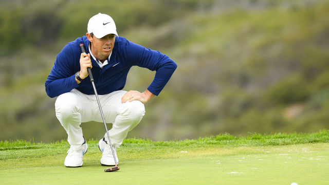 LA JOLLA, CA - JANUARY 26: Rory McIlroy lines up a putt on the 13th hole on the South Course during the final round of the Farmers Insurance Open golf tournament at Torrey Pines Municipal Golf Course on January 26, 2020.