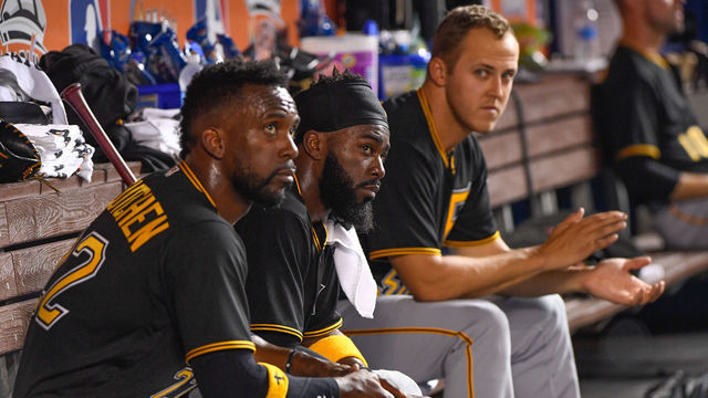 MIAMI, FL - APRIL 28: Andrew McCutchen #22, Josh Harrison #5, and Jameson Taillon #50 of the Pittsburgh Pirates in the dugout during the game between the Miami Marlins and the Pittsburgh Pirates at Marlins Park on April 28, 2017 in Miami, Florida.