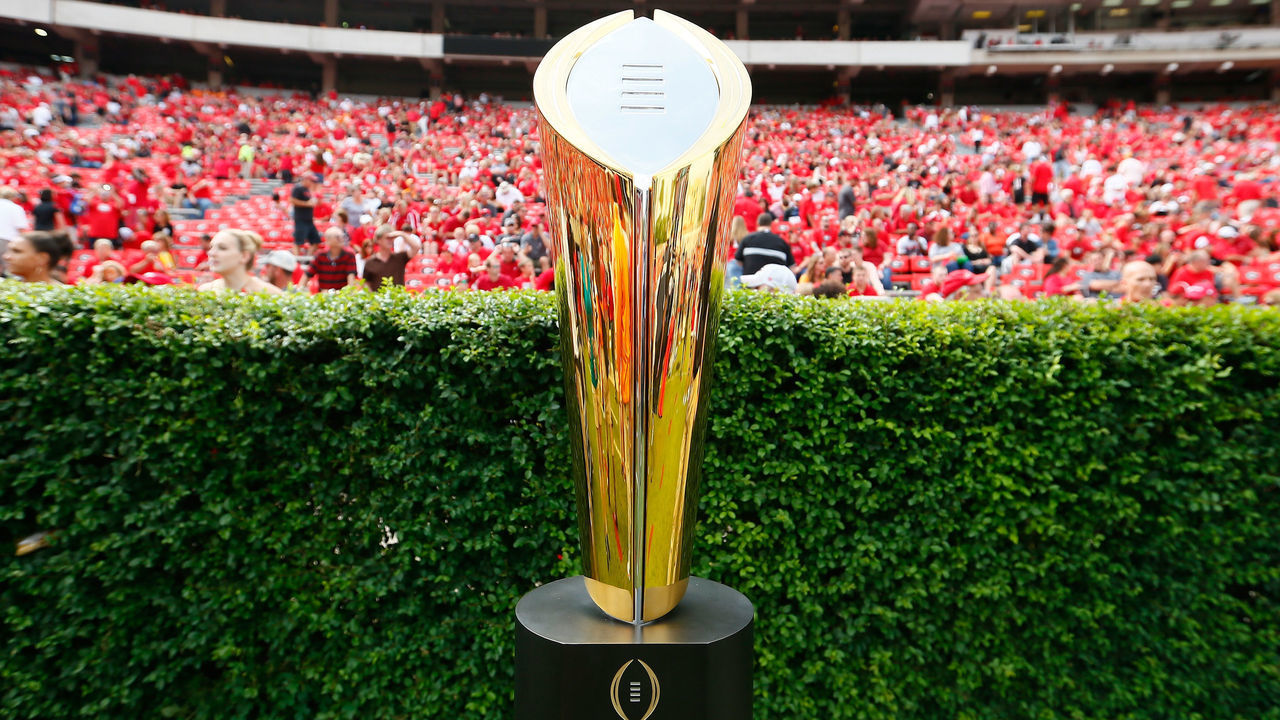 ATHENS, GA - SEPTEMBER 27: The College Football Playoff National Championship Trophy is seen on the field prior to the game between the Georgia Bulldogs and the Tennessee Volunteers at Sanford Stadium on September 27, 2014 in Athens, Georgia.