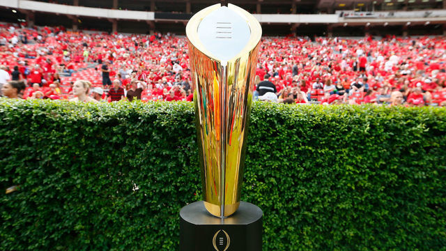 ATHENS, GA - SEPTEMBER 27: The College Football Playoff National Championship Trophy is seen on the field prior to the game between the Georgia Bulldogs and the Tennessee Volunteers at Sanford Stadium on September 27, 2014 in Athens, Georgia.
