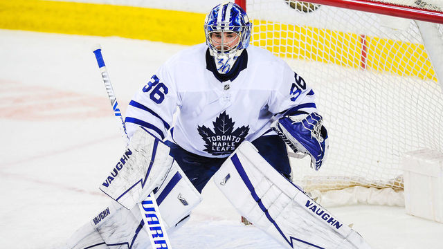 CALGARY, AB - JANUARY 24: Jack Campbell #36 of the Toronto Maple Leafs in action against the Calgary Flames during an NHL game at Scotiabank Saddledome on January 24, 2021 in Calgary, Alberta, Canada.