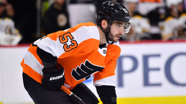 PHILADELPHIA, PA - MARCH 10: Philadelphia Flyers Defenceman Shayne Gostisbehere (53) readies for a faceoff in the second period during the game between the Boston Bruins and Philadelphia Flyers on March 10, 2020 at Wells Fargo Center in Philadelphia, PA.
