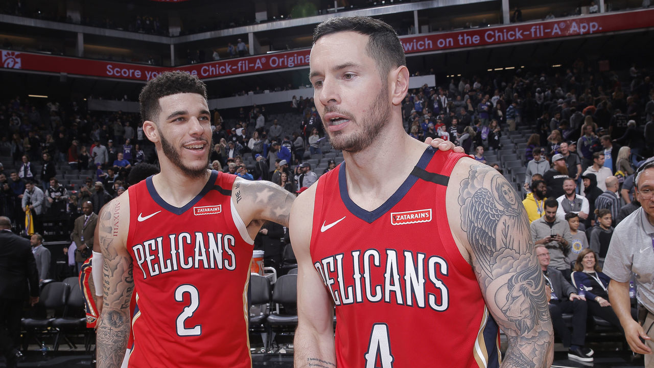 SACRAMENTO, CA - JANUARY 4: Lonzo Ball #2 and JJ Redick #4 of the New Orleans Pelicans celebrate after defeating the Sacramento Kings on January 4, 2020 at Golden 1 Center in Sacramento, California. NOTE TO USER: User expressly acknowledges and agrees that, by downloading and or using this photograph, User is consenting to the terms and conditions of the Getty Images Agreement. Mandatory Copyright Notice: Copyright 2020 NBAE
