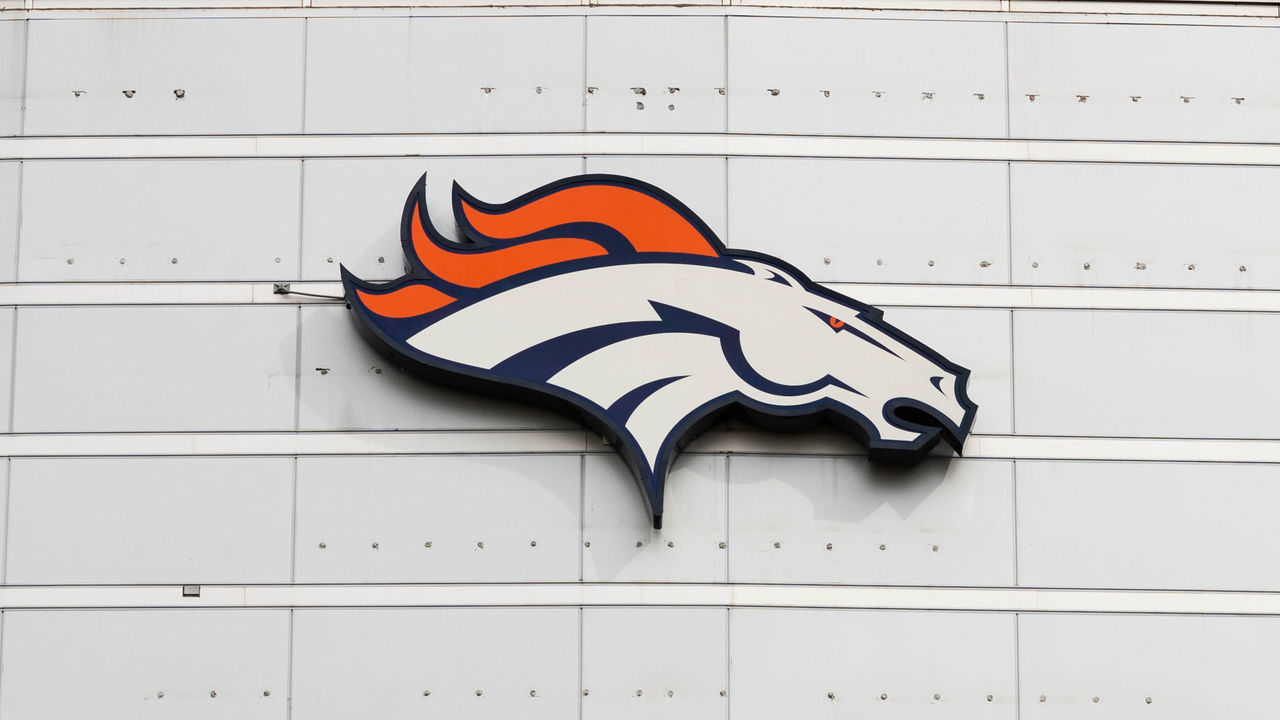 DENVER, CO - OCTOBER 01: General view of the Denver Broncos logo on the side of Broncos Stadium at Mile High before the NFL regular season football game against the Kansas City Chiefs and the Denver Broncos on October 01, 2018, at Broncos Stadium at Mile High in Denver, CO.