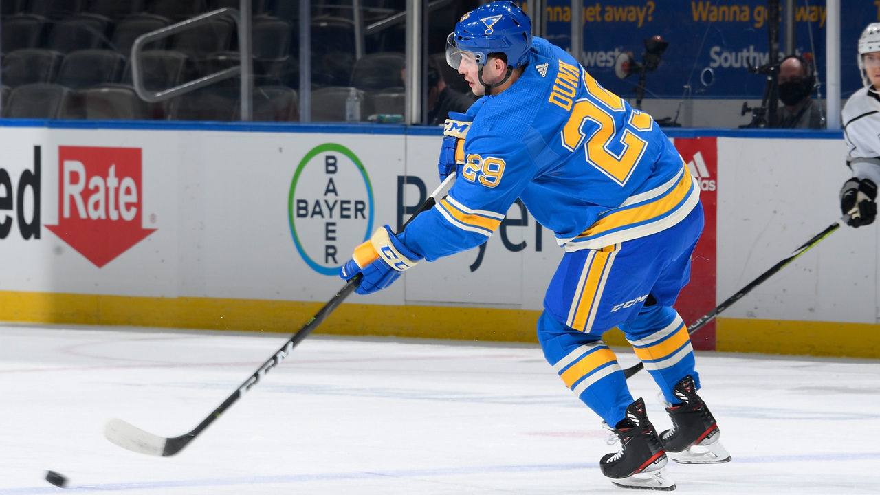 ST. LOUIS, MO - JANUARY 23: Vince Dunn #29 of the St. Louis Blues in action against the Los Angeles Kings at Enterprise Center on January 23, 2021 at Enterprise Center in St. Louis, Missouri.