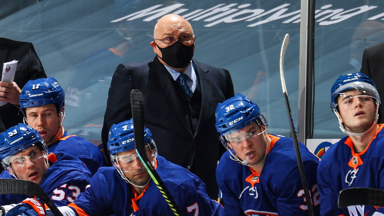 UNIONDALE, NEW YORK - JANUARY 21: Head coach Barry Trotz of the New York Islanders looks on during the second period against the New Jersey Devils at Nassau Coliseum on January 21, 2021 in Uniondale, New York.