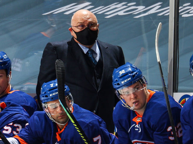 UNIONDALE, NEW YORK - JANUARY 21: Head coach Barry Trotz of the New York Islanders looks on during the second period against the New Jersey Devils at Nassau Coliseum on January 21, 2021 in Uniondale, New York.