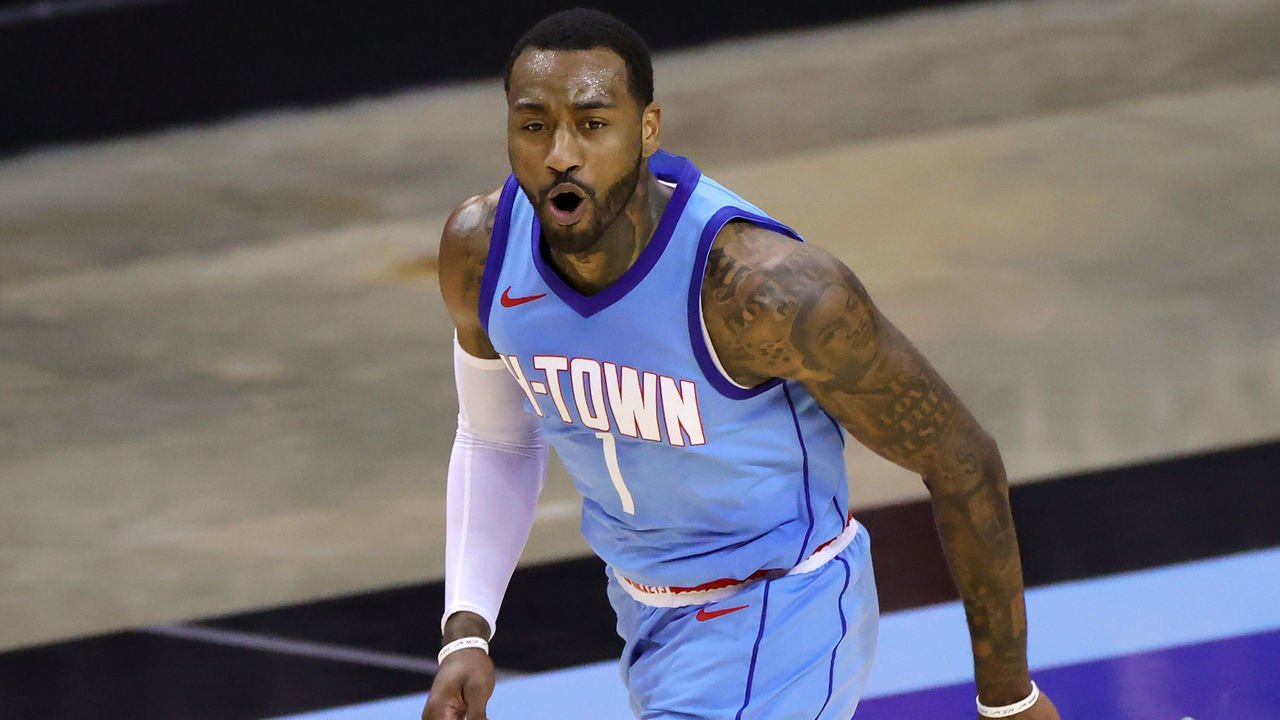 HOUSTON, TEXAS - JANUARY 26: John Wall #1 of the Houston Rockets reacts during the second quarter of a game against the Washington Wizards at Toyota Center on January 26, 2021 in Houston, Texas.