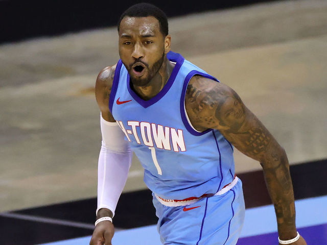 HOUSTON, TEXAS - JANUARY 26: John Wall #1 of the Houston Rockets reacts during the second quarter of a game against the Washington Wizards at Toyota Center on January 26, 2021 in Houston, Texas.