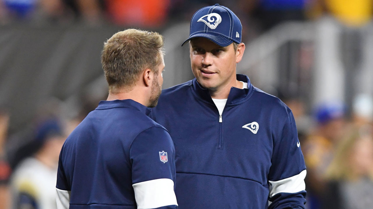 CLEVELAND, OH - SEPTEMBER 22, 2019: Pass game coordinator/quarterbacks coach Shane Waldron of the Los Angeles Rams talks with head coach Sean McVay prior to a game against the Cleveland Browns on September 22, 2019 at FirstEnergy Stadium in Cleveland, Ohio. Los Angeles won 20-13. (Photo by: 2019 Nick Cammett/Diamond Images via Getty Images)
