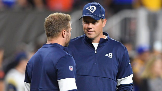 CLEVELAND, OH - SEPTEMBER 22, 2019: Pass game coordinator/quarterbacks coach Shane Waldron of the Los Angeles Rams talks with head coach Sean McVay prior to a game against the Cleveland Browns on September 22, 2019 at FirstEnergy Stadium in Cleveland, Ohio. Los Angeles won 20-13. (Photo by: 2019 Nick Cammett/Diamond Images via Getty Images)