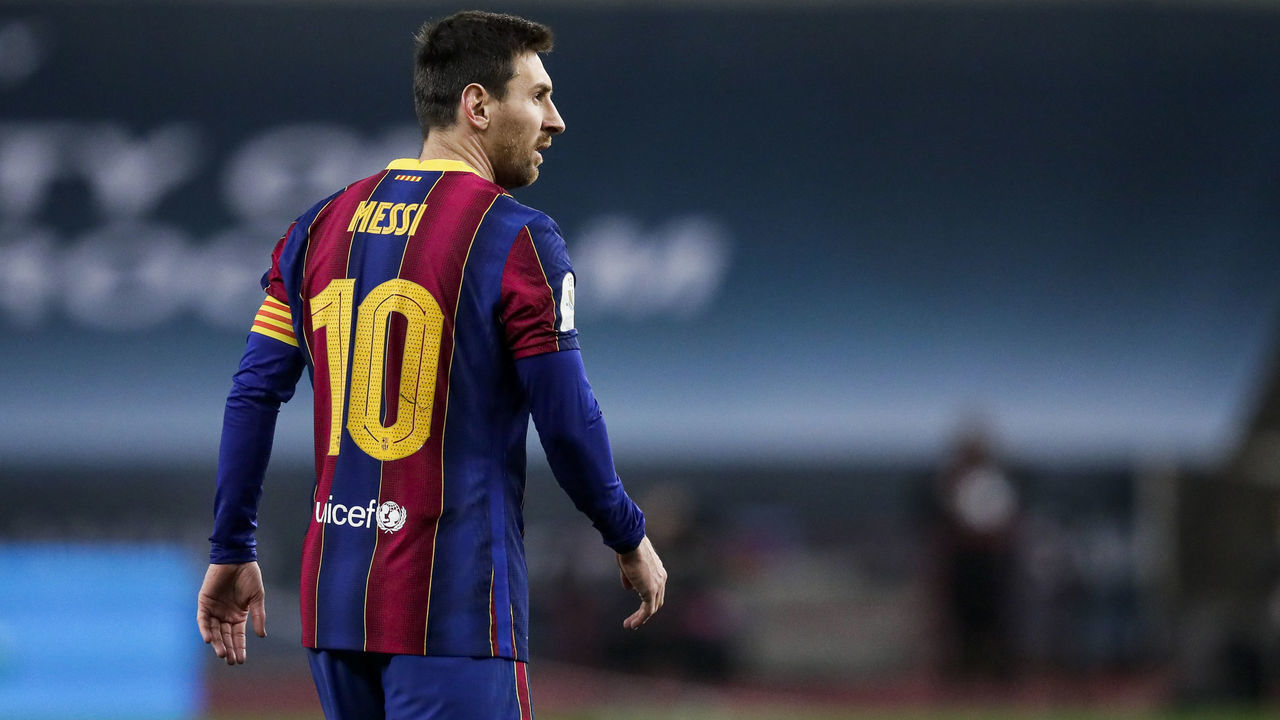 `SER, SPAIN - JANUARY 17: Lionel Messi of FC Barcelona during the Spanish Super Cup match between FC Barcelona v Athletic de Bilbao at the La Cartuja Stadium on January 17, 2021 in `ser Spain