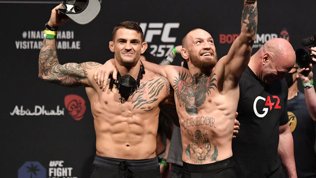 ABU DHABI, UNITED ARAB EMIRATES - JANUARY 22: (L-R) Opponents Dustin Poirier and Conor McGregor of Ireland pose for photos during the UFC 257 weigh-in at Etihad Arena on UFC Fight Island on January 22, 2021 in Abu Dhabi, United Arab Emirates.