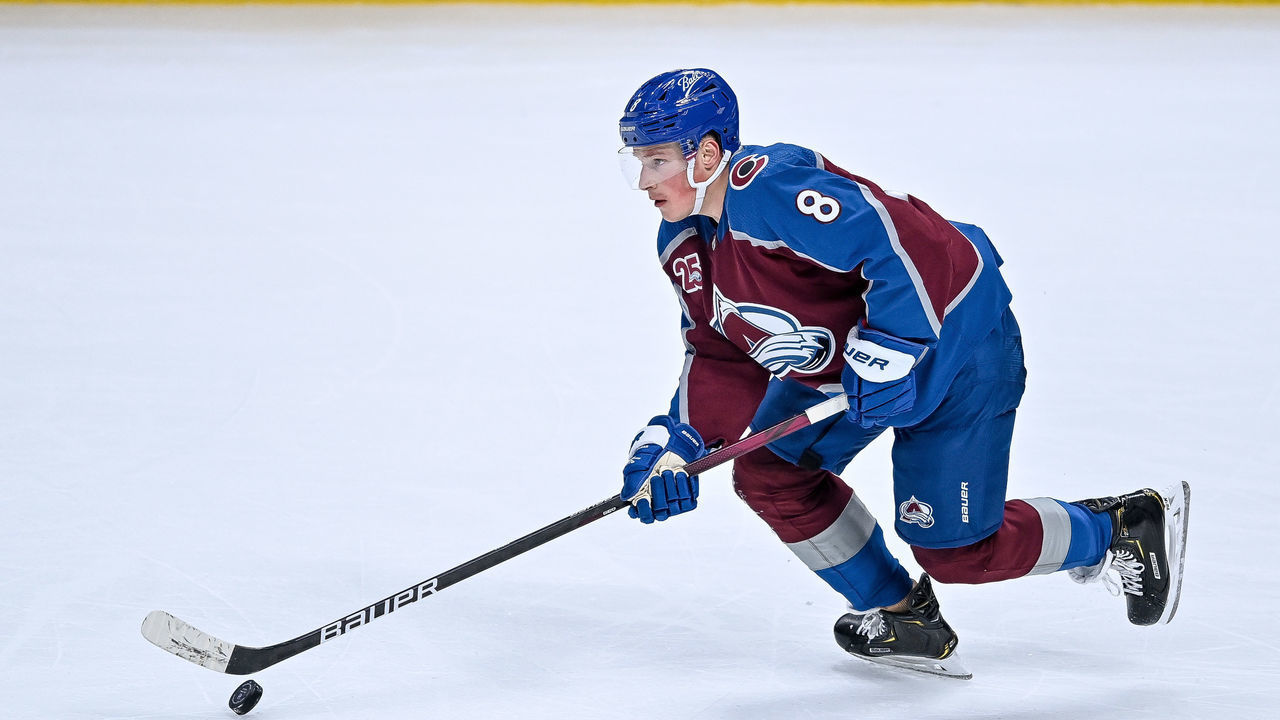 DENVER, CO - JANUARY 13: Colorado Avalanche defenseman Cale Makar (8) skates during a game between the St. Louis Blues and the Colorado Avalanche at Ball Arena in Denver, Colorado on January 13, 2021.