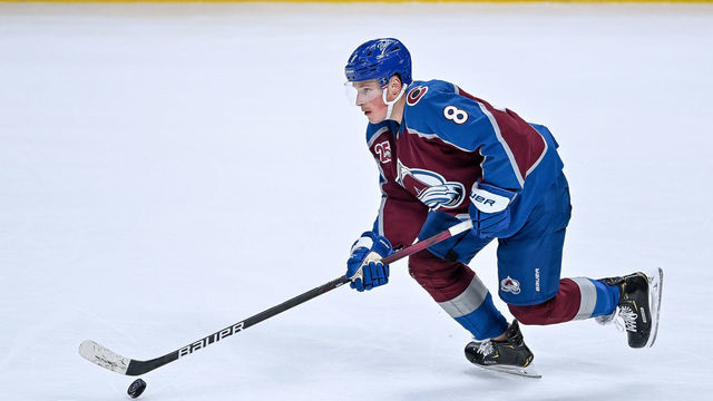 DENVER, CO - JANUARY 13: Colorado Avalanche defenseman Cale Makar (8) skates during a game between the St. Louis Blues and the Colorado Avalanche at Ball Arena in Denver, Colorado on January 13, 2021.