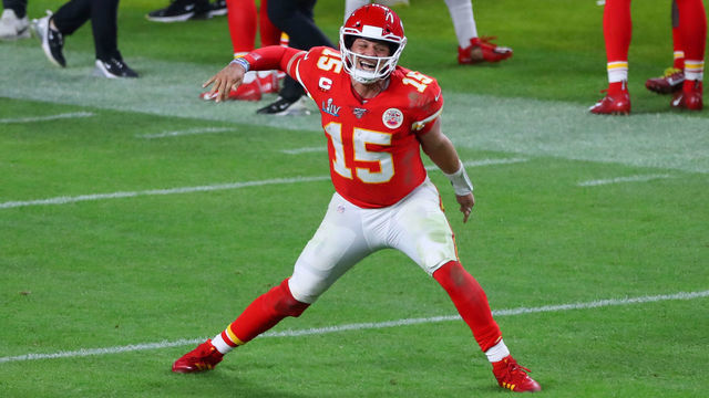 MIAMI GARDENS, FL - FEBRUARY 02: Kansas City Chiefs Quarterback Patrick Mahomes (15) reacts after a touchdown during the second half of Super Bowl LIV on February 2, 2020 at Hard Rock Stadium in Miami Gardens, FL.