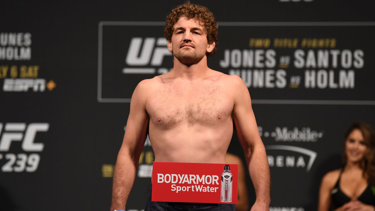 LAS VEGAS, NEVADA - JULY 05: Ben Askren poses on the scale during the UFC 235 weigh-in at T-Mobile Arena on July 5, 2019 in Las Vegas, Nevada.