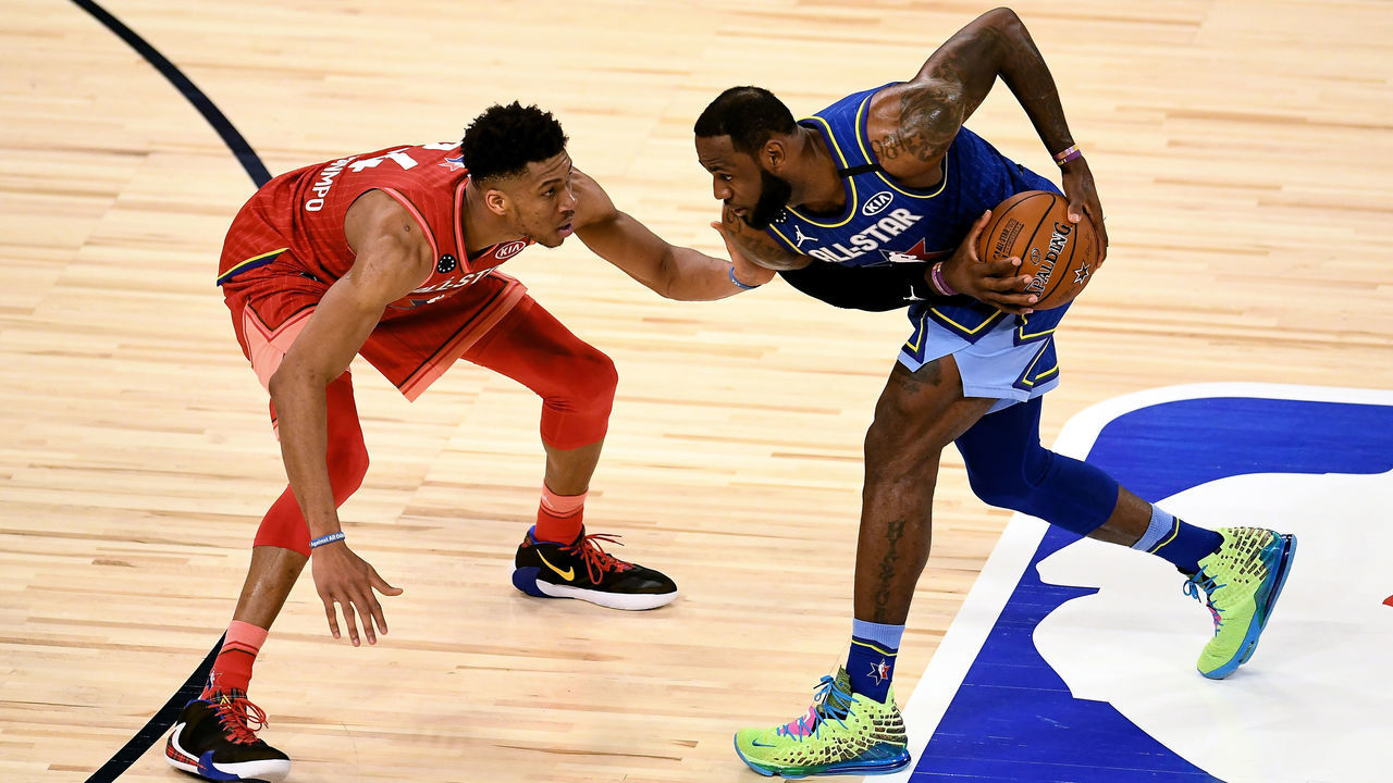 CHICAGO, ILLINOIS - FEBRUARY 16: LeBron James #2 of Team LeBron handles the ball while being guarded by Giannis Antetokounmpo #24 of Team Giannis in the fourth quarter during the 69th NBA All-Star Game at the United Center on February 16, 2020 in Chicago, Illinois.