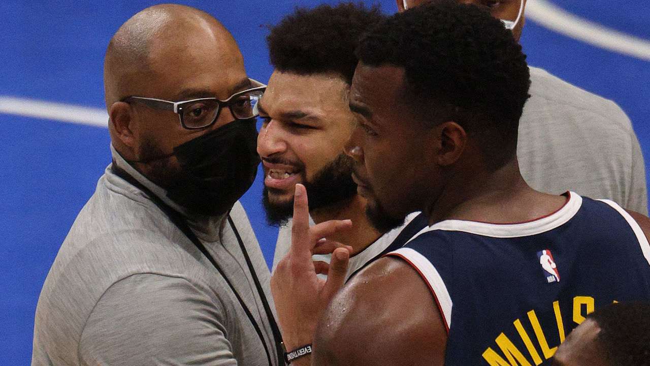 DALLAS, TEXAS - JANUARY 25: Jamal Murray #27 of the Denver Nuggets reacts after being ejected for a flagrant foul type 2 in the third quarter at American Airlines Center on January 25, 2021 in Dallas, Texas. NOTE TO USER: User expressly acknowledges and agrees that, by downloading and/or using this Photograph, User is consenting to the terms and conditions of the Getty Images License Agreement.
