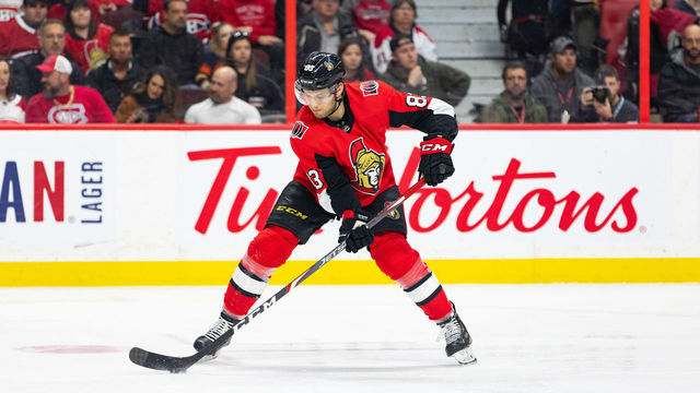OTTAWA, ON - FEBRUARY 22: Ottawa Senators Defenceman Christian Jaros (83) plays the puck during second period National Hockey League action between the Montreal Canadiens and Ottawa Senators on February 22, 2020, at Canadian Tire Centre in Ottawa, ON, Canada.