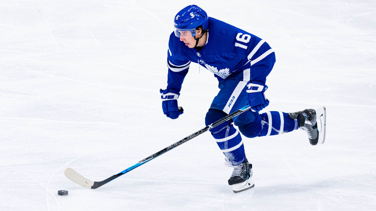TORONTO, ON - JANUARY 13: Toronto Maple Leafs Right Wing Mitchell Marner (16) skates with the puck during the NHL regular season game between the Montreal Canadiens and the Toronto Maple Leafs on January 13, 2021, at Scotiabank Arena in Toronto, ON, Canada.