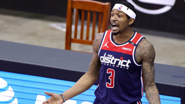 HOUSTON, TEXAS - JANUARY 26: Bradley Beal #3 of the Washington Wizards reacts during the fourth quarter of a game against the Houston Rockets at Toyota Center on January 26, 2021 in Houston, Texas.