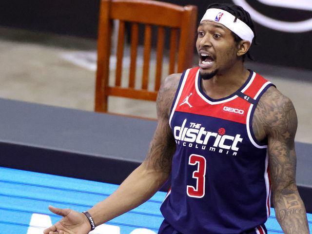 HOUSTON, TEXAS - JANUARY 26: Bradley Beal #3 of the Washington Wizards reacts during the fourth quarter of a game against the Houston Rockets at Toyota Center on January 26, 2021 in Houston, Texas.