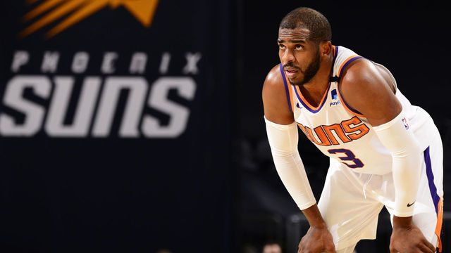 PHOENIX, AZ - JANUARY 27: Chris Paul #3 of the Phoenix Suns looks on during the game against the Oklahoma City Thunder on January 27, 2021 at Talking Stick Resort Arena in Phoenix, Arizona. Mandatory Copyright Notice: Copyright 2021 NBAE