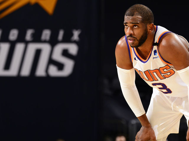 PHOENIX, AZ - JANUARY 27: Chris Paul #3 of the Phoenix Suns looks on during the game against the Oklahoma City Thunder on January 27, 2021 at Talking Stick Resort Arena in Phoenix, Arizona. Mandatory Copyright Notice: Copyright 2021 NBAE