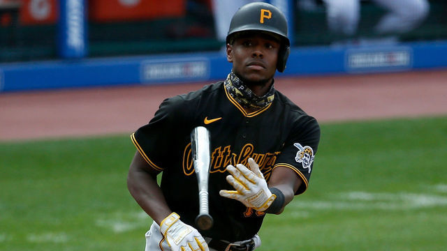 CLEVELAND, OH - SEPTEMBER 27: Ke'Bryan Hayes #13 of the Pittsburgh Pirates is walked during the game against the Cleveland Indians at Progressive Field on September 27, 2020 in Cleveland, Ohio.