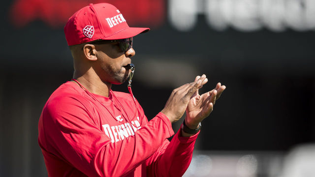 WASHINGTON, DC - MARCH 08: Head coach Pep Hamilton of the DC Defenders reacts to a play before the XFL game against the St. Louis Battlehawks at Audi Field on March 8, 2020 in Washington, DC.