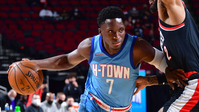 HOUSTON, TX - JANUARY 28: Victor Oladipo #7 of the Houston Rockets handles the ball during the game against the Portland Trail Blazers on January 28, 2021 at the Toyota Center in Houston, Texas. Mandatory Copyright Notice: Copyright 2021 NBAE
