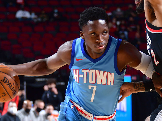 HOUSTON, TX - JANUARY 28: Victor Oladipo #7 of the Houston Rockets handles the ball during the game against the Portland Trail Blazers on January 28, 2021 at the Toyota Center in Houston, Texas. Mandatory Copyright Notice: Copyright 2021 NBAE