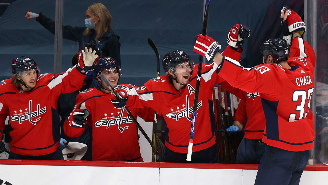 WASHINGTON, DC - JANUARY 28: Zdeno Chara #33 of the Washington Capitals celebrates his second period goal against the New York Islanders at Capital One Arena on January 28, 2021 in Washington, DC.
