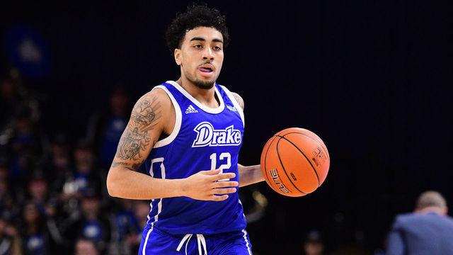 TERRE HAUTE, IN - JANUARY 29: Drake Bulldogs guard Roman Penn (12) dribbles the ball during the Missouri Valley Conference college basketball game between the Drake Bulldogs and the Indiana State Sycamores on January 29, 2020, at the Hulman Center in Terre Haute, Indiana.