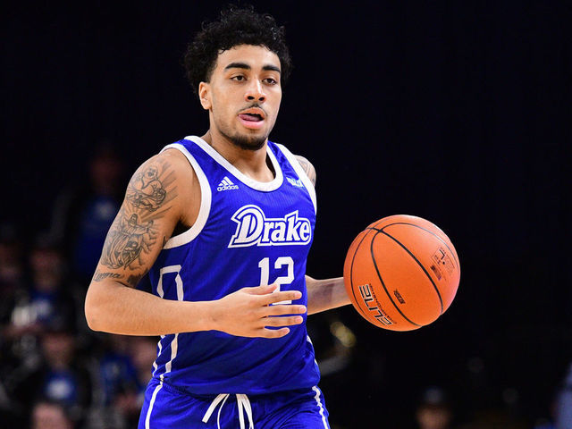 TERRE HAUTE, IN - JANUARY 29: Drake Bulldogs guard Roman Penn (12) dribbles the ball during the Missouri Valley Conference college basketball game between the Drake Bulldogs and the Indiana State Sycamores on January 29, 2020, at the Hulman Center in Terre Haute, Indiana.