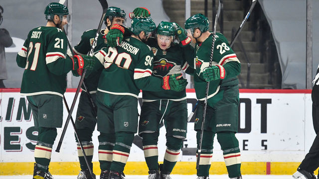 ST. PAUL, MN - JANUARY 28: Minnesota Wild Right Wing Kirill Kaprizov (97) celebrates his first period goal with Minnesota Wild Defenceman Ian Cole (28), Minnesota Wild Left Wing Marcus Johansson (90), Minnesota Wild Center Joel Eriksson Ek (14), and Minnesota Wild Defenceman Carson Soucy (21) during an NHL game between the Minnesota Wild and the Los Angeles Kings on January 28, 2021, at Xcel Energy Center, St. Paul, MN.